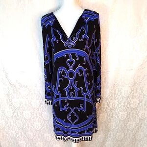 Nicole Miller black blue and white straight long sleeved dress Med